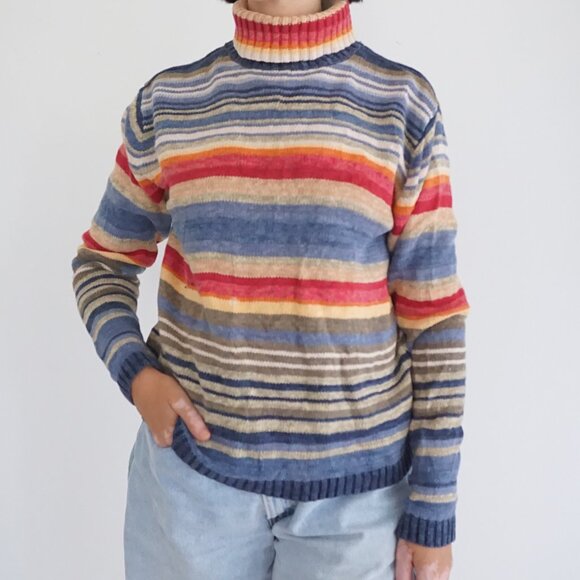 Vintage Mountain Lake Blue Cotton Sweater Striped Knit Grandmacore M - Picture 1 of 9